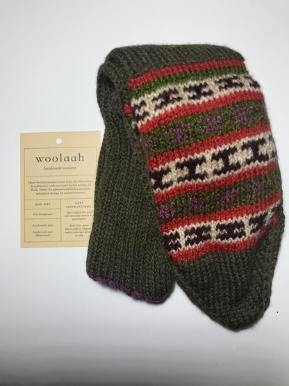 "Olive Green" - hand knit woollen socks with green base and classic Himalayan pattern