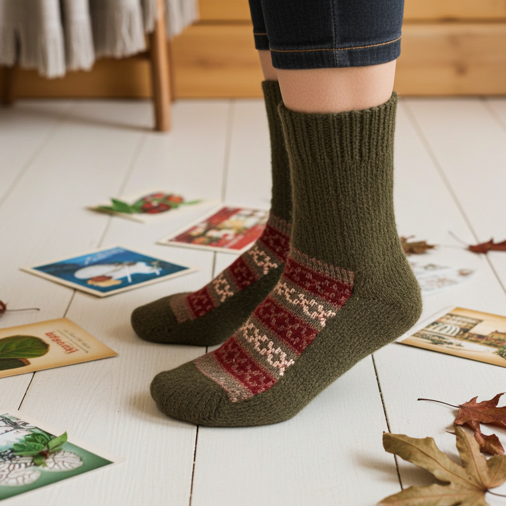 Woolaah- handcrafted pure wool patterned olive green socks for men and women. Christmas collection, gift ideas