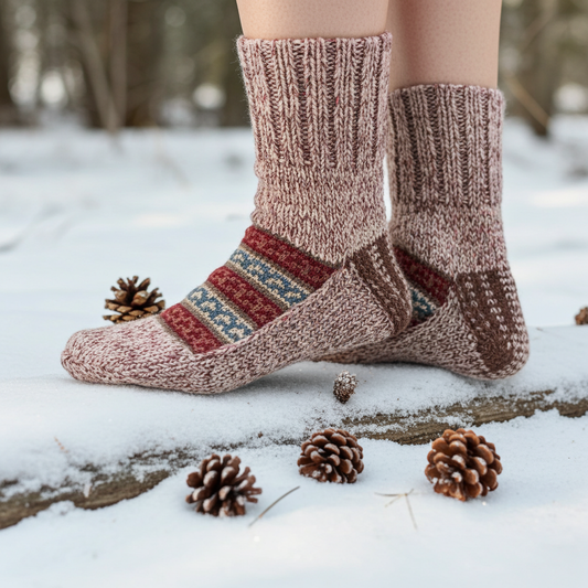 "Pink & White Blend" - hand knit woollen socks with pink & white base and subtle earthy pattern