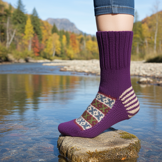 Woolaah- handcrafted pure wool patterned purple socks for men and women. Christmas collection, gift ideas