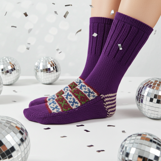 Woolaah- handcrafted pure wool patterned purple socks for men and women. Christmas collection, gift ideas