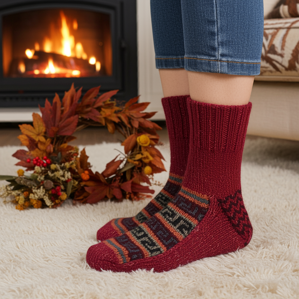 Woolaah- handcrafted pure wool patterned red socks for men and women. Christmas collection