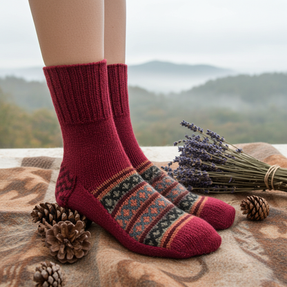 Woolaah- handcrafted pure wool patterned red socks for men and women. Christmas collection