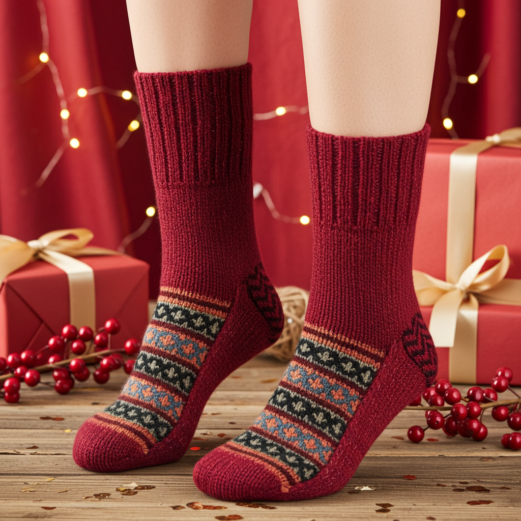 Woolaah- handcrafted pure wool patterned red socks for men and women. Christmas collection