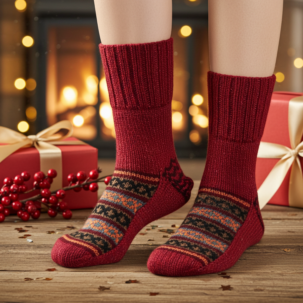 Woolaah- handcrafted pure wool patterned red socks for men and women. Christmas collection, gift ideas