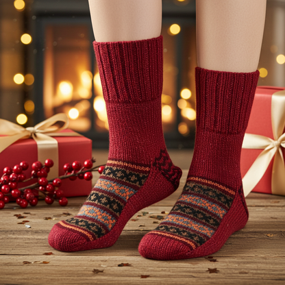 Woolaah- handcrafted pure wool patterned red socks for men and women. Christmas collection, gift ideas