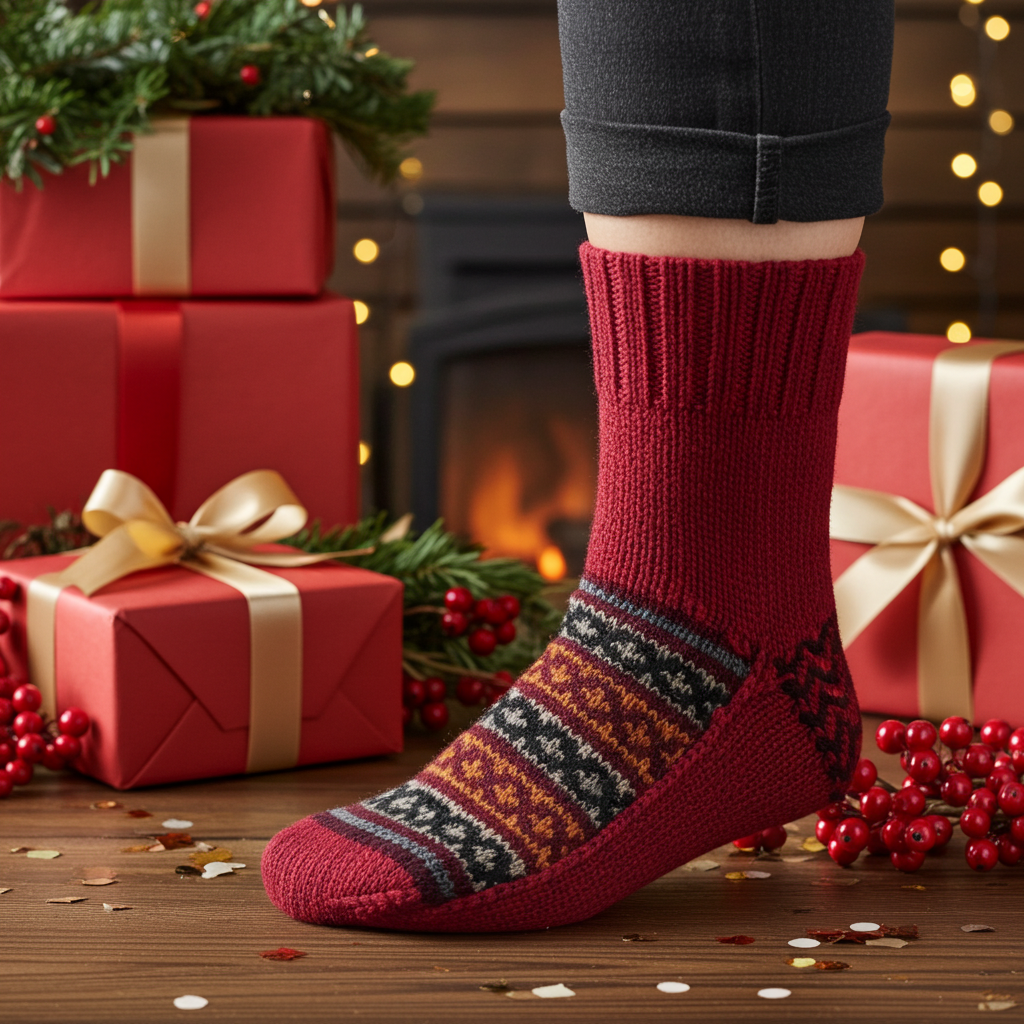 Woolaah- handcrafted pure wool patterned red socks for men and women. Christmas collection