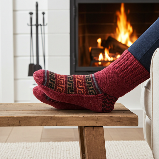 Woolaah- handcrafted pure wool patterned red socks for men and women. Christmas collection