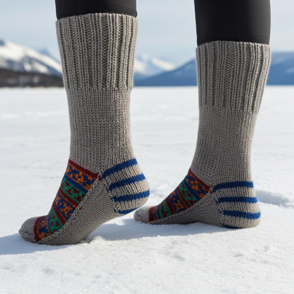 Woolaah- handcrafted pure wool patterned grey socks for men and women. Christmas collection, gift ideas