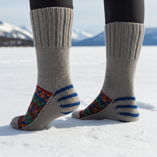 Woolaah- handcrafted pure wool patterned grey socks for men and women. Christmas collection, gift ideas