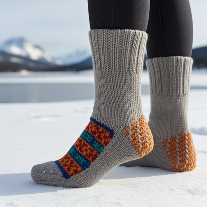 “Steel Grey 4” a beautiful steely grey hand knit woollen pair with traditional multi colour weaves