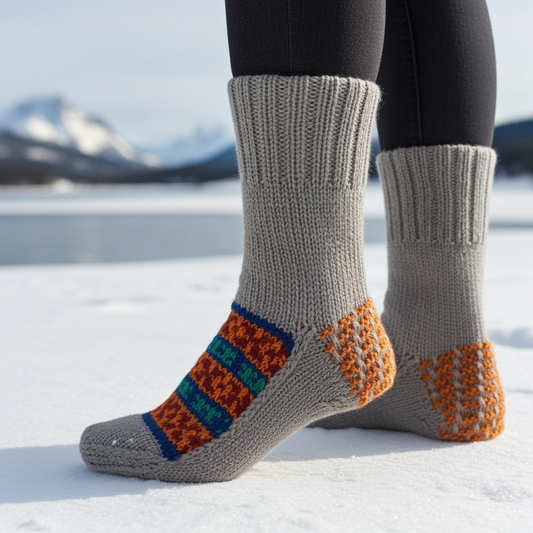 “Steel Grey 4” a beautiful steely grey hand knit woollen pair with traditional multi colour weaves