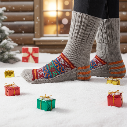 Woolaah- handcrafted pure wool patterned grey socks for men and women. Christmas collection, gift ideas