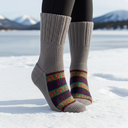“Steel Grey 6” a beautiful steely grey hand knit woollen pair with traditional multi colour weaves