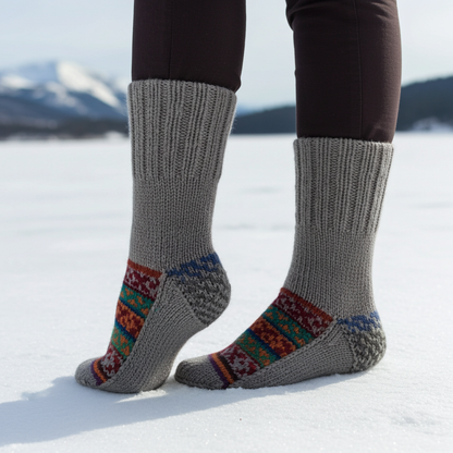 Woolaah- handcrafted pure wool patterned grey socks for men and women. Christmas collection, gift ideas