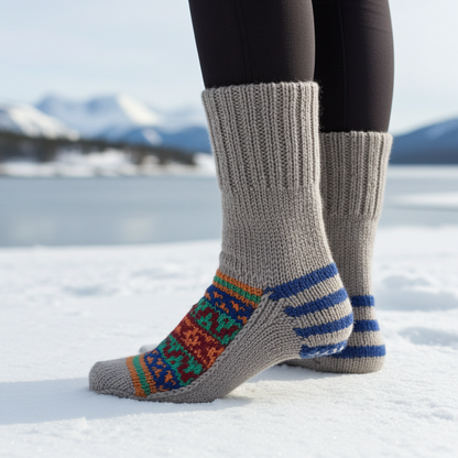 Woolaah- handcrafted pure wool patterned grey socks for men and women. Christmas collection, gift ideas