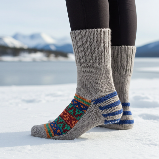 Woolaah- handcrafted pure wool patterned grey socks for men and women. Christmas collection, gift ideas