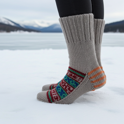 Woolaah- handcrafted pure wool patterned grey socks for men and women. Christmas collection, gift ideas
