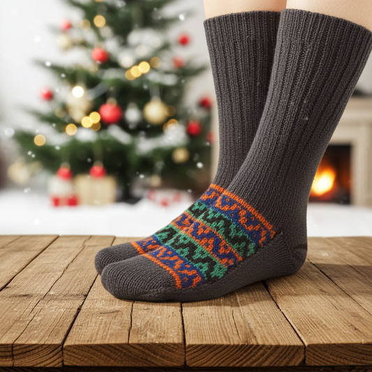 Woolaah- handcrafted pure wool patterned wood bark socks for men and women. Christmas collection, gift ideas